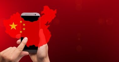 illustration of china's flag over mobile phone