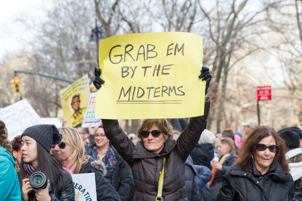 woman holding a sign about midterm elections